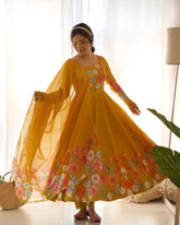 Nitara Honey Orange  Floral Print with Handwork Organza Anarkali